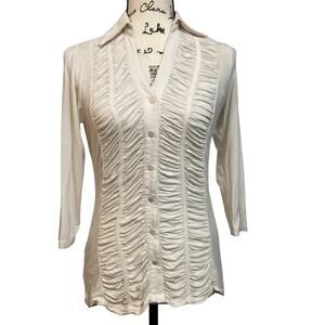 Forever Tuxedo Front Blouse 3/4 Sleeve Shirt Button Up Top Ruching Stretchy